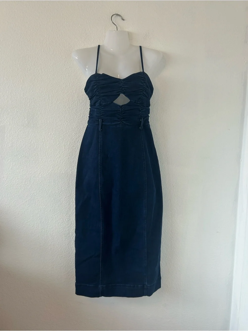 Free People Serenity Ruched Denim Midi Dress Midnight Size S